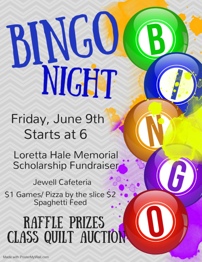 Bingo night friday June 9th at 6pm in the Jewell school cafeteria