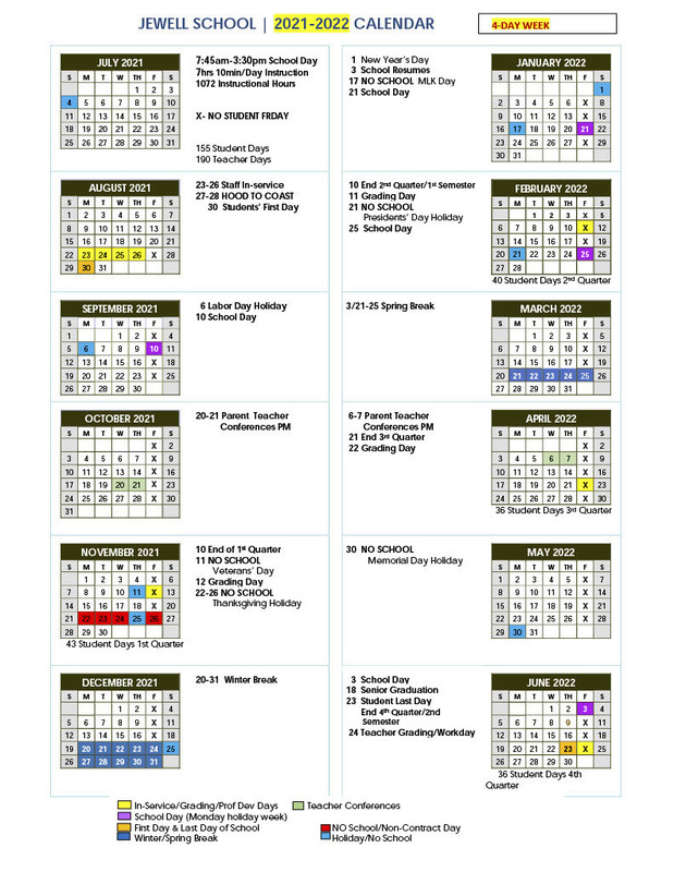 2021-22 School Year Calendar | Jewell School